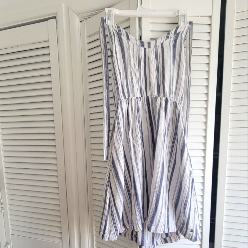 Roxy blue and white striped halter dress, linen/viscose with pockets
